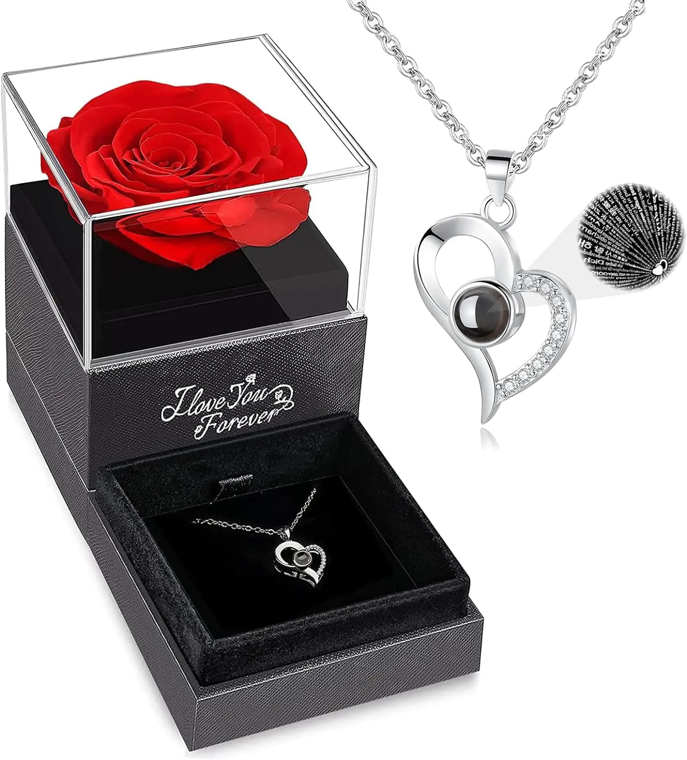 WILDLOVE Preserved Real Rose with I Love You Necklace, Cadeaux de Noël pour femmes, maman, grand-mère, femme et petite amie, anniversaire de la Saint-Valentin Idées de cadeaux pour la fête des mères pour elle