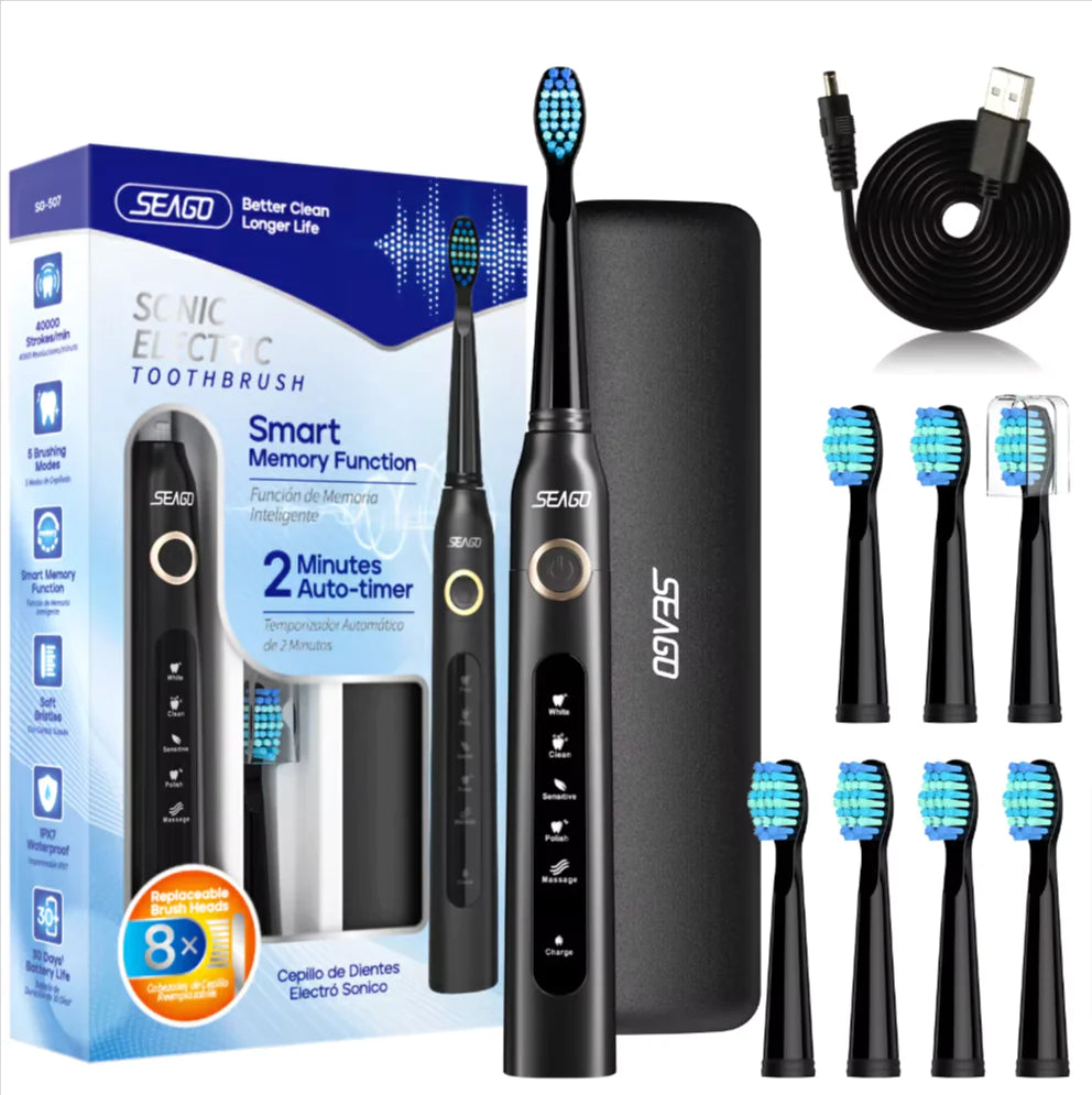 Seago Sonic Brosse à dents Brosse à dents électrique Nettoyage des dents 5 modes avec 8 têtes de brosse remplaçables Minuterie de 2 min avec boîte portable
