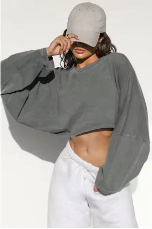 Sweat-shirt court surdimensionné : Streetwear élégant à col rond pour femmes