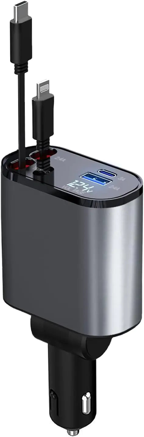 TIKTOK SHOP Chargeur de voiture rétractable, chargeur de téléphone de voiture rapide 4 en 1 66 W, câbles rétractables et chargeur de voiture USB, compatible avec iPhone 15/14/13/12/11, Galaxy, Pixel