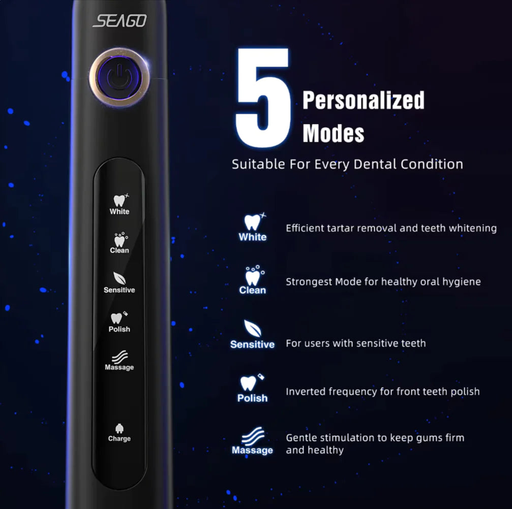 Seago Sonic Brosse à dents Brosse à dents électrique Nettoyage des dents 5 modes avec 8 têtes de brosse remplaçables Minuterie de 2 min avec boîte portable