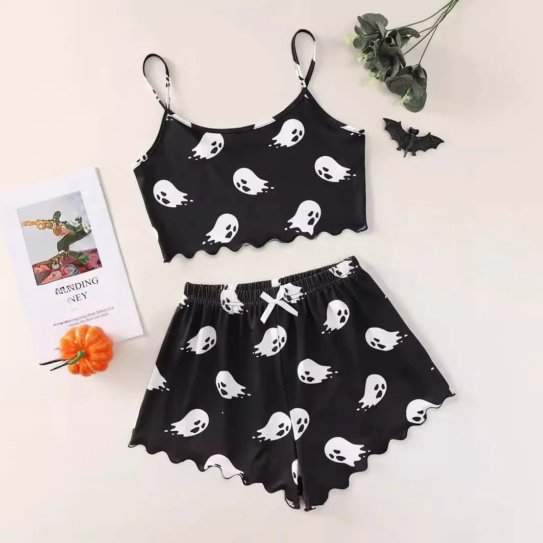 Spooktacular Comfort : Ensemble de pyjama deux pièces en fibre de polyester sur le thème d'Halloween pour femmes