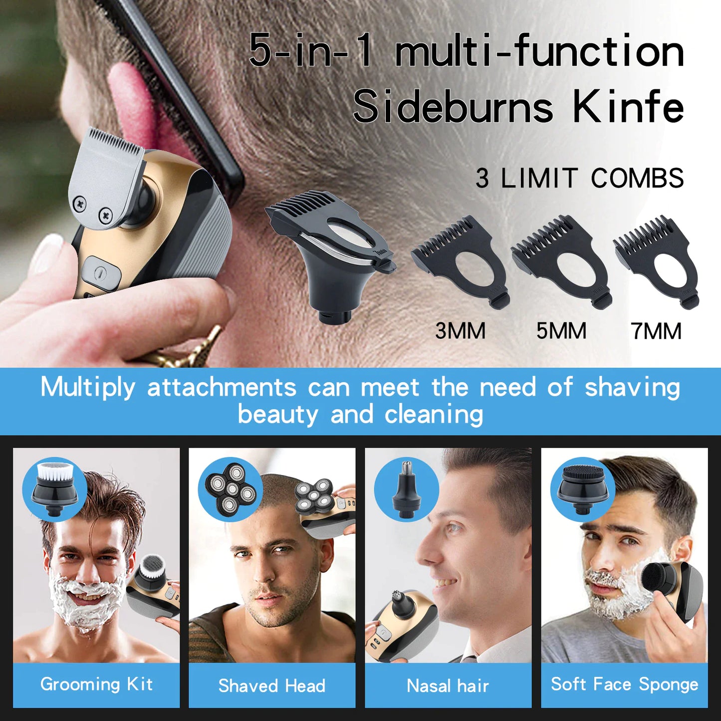 Rasoir électrique rotatif 5-en-1 4D Rechargeable Tête chauve Cheveux Tondeuse à barbe Rasoir