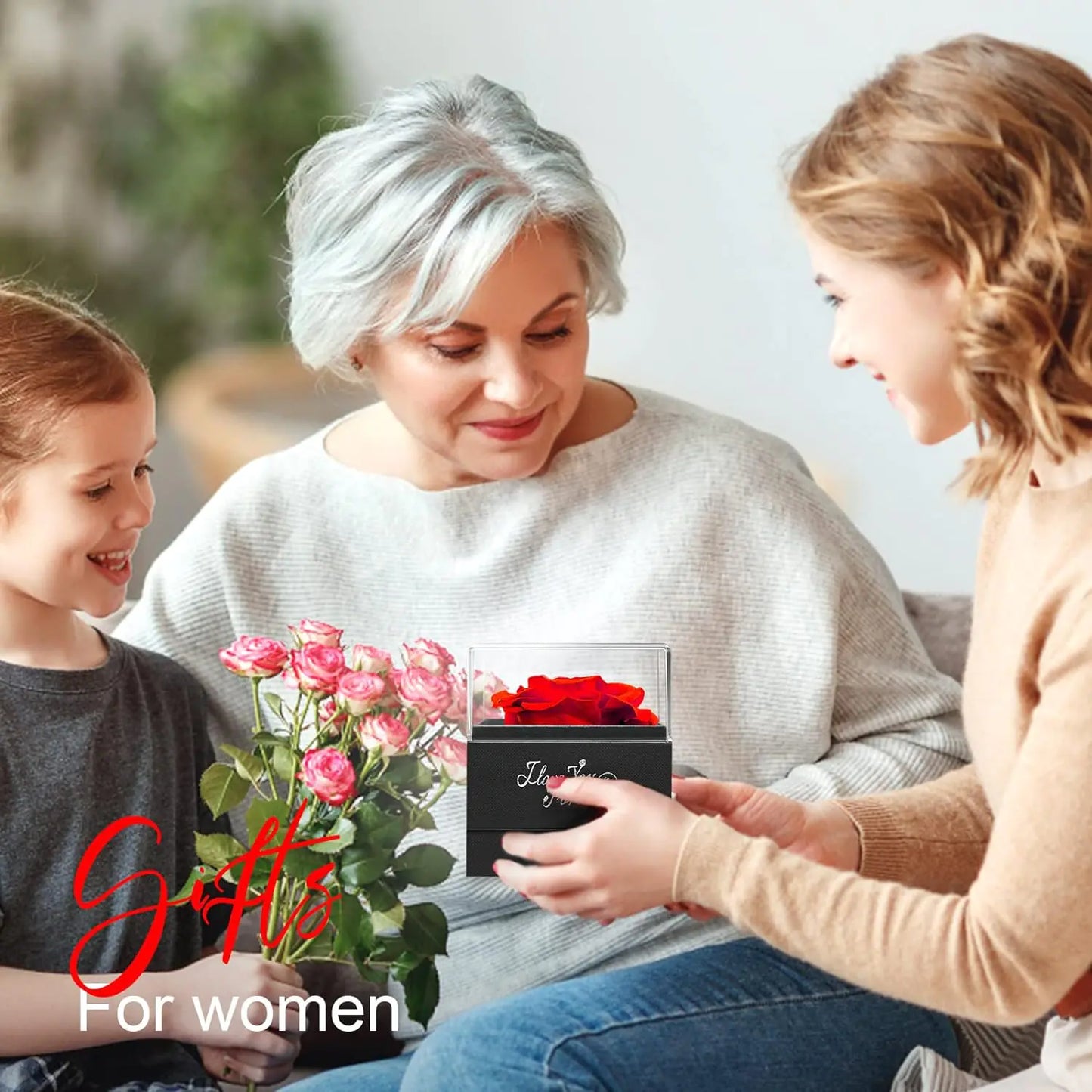 WILDLOVE Preserved Real Rose with I Love You Necklace, Cadeaux de Noël pour femmes, maman, grand-mère, femme et petite amie, anniversaire de la Saint-Valentin Idées de cadeaux pour la fête des mères pour elle