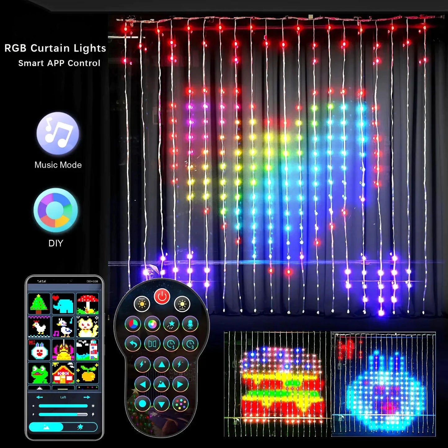 LED Bluetooth Smart RGB Curtain Lights - DIY Fairy Light Garland pour les fêtes, les mariages et la décoration de Noël