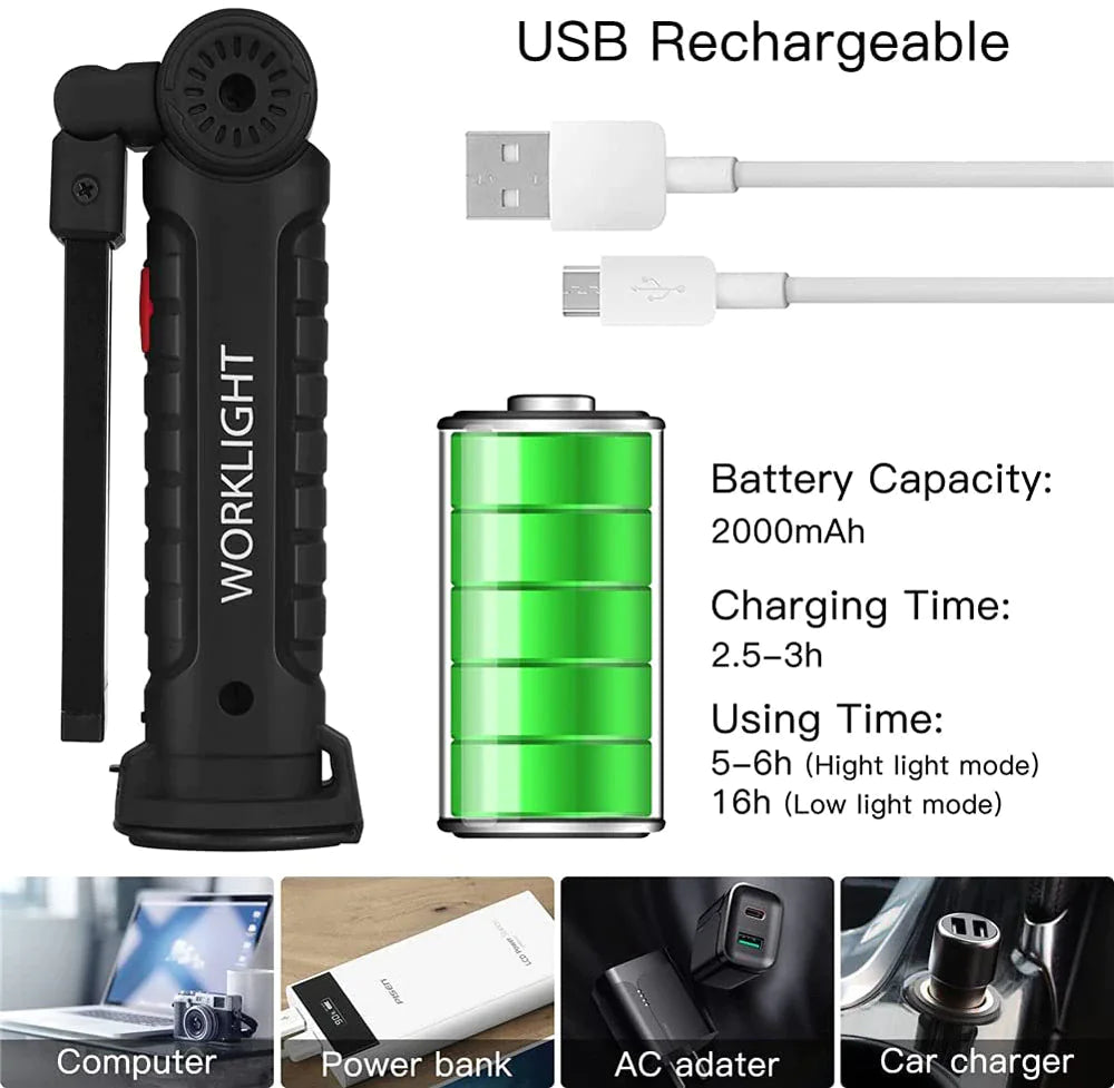 Rechargeable LED COB Lampe de travail Lampe de poche mécanique Base magnétique lumineuse