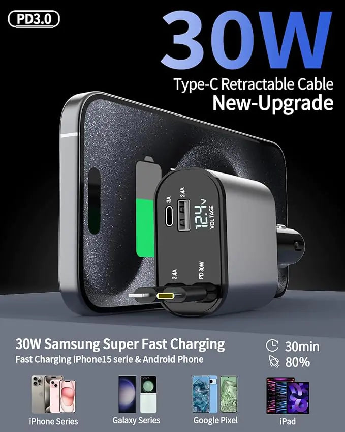 TIKTOK SHOP Chargeur de voiture rétractable, chargeur de téléphone de voiture rapide 4 en 1 66 W, câbles rétractables et chargeur de voiture USB, compatible avec iPhone 15/14/13/12/11, Galaxy, Pixel