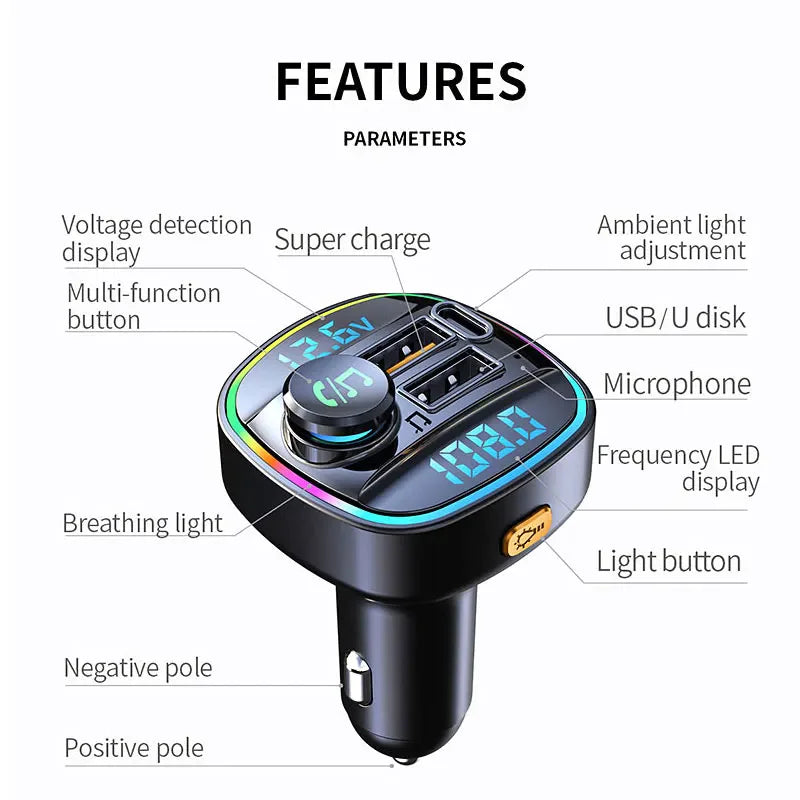 Bluetooth 5.0 Adaptateur d'émetteur FM sans fil de voiture Chargeur USB PD AUX Mains libres