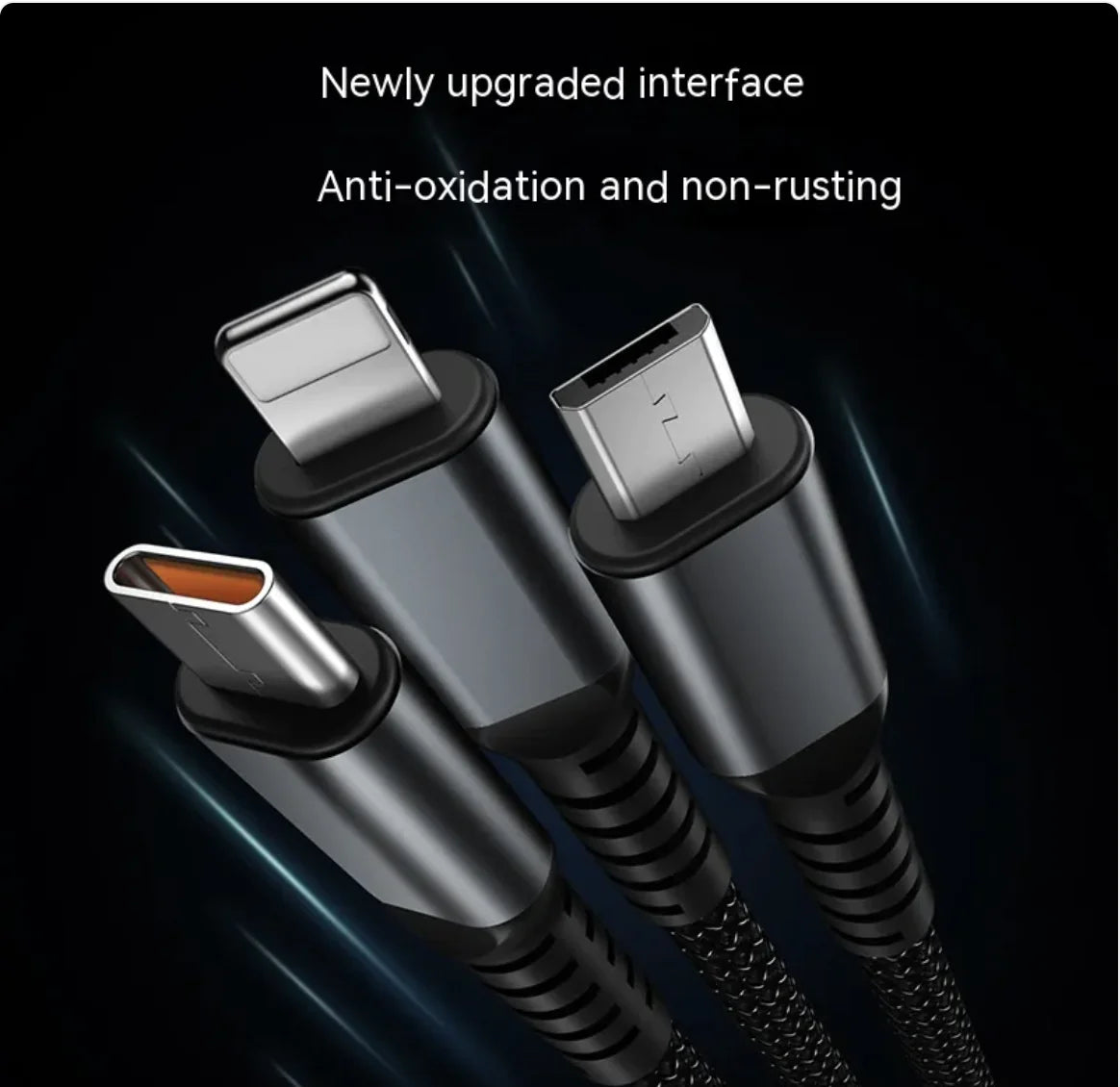 Câble de données de téléphone portable 3-en-1 avec charge légère et super rapide de 6A