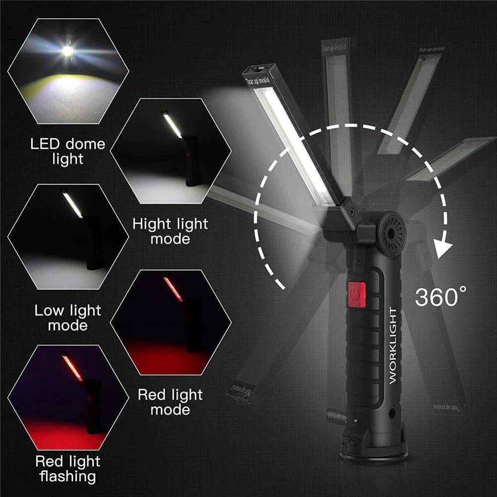 Rechargeable LED COB Lampe de travail Lampe de poche mécanique Base magnétique lumineuse