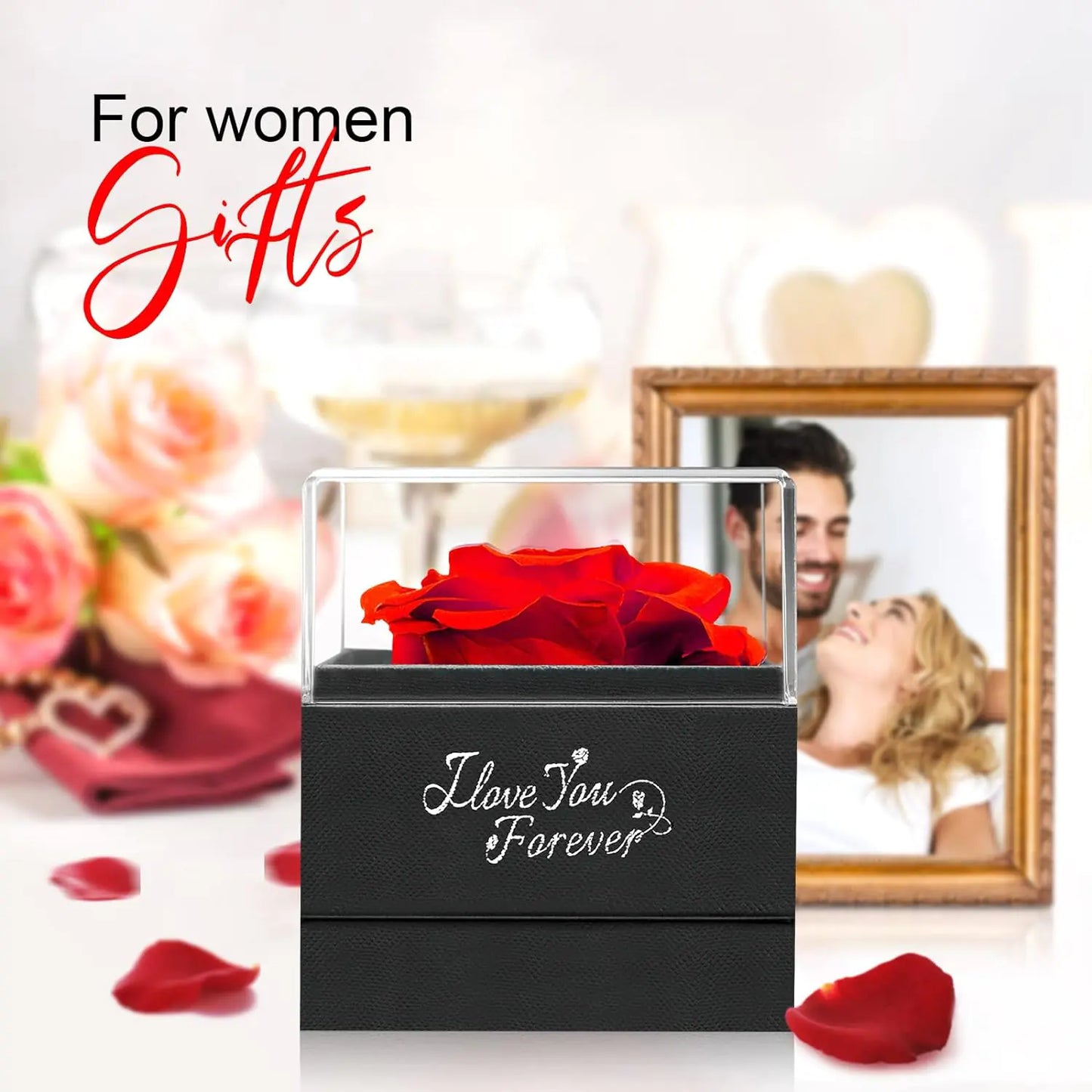 WILDLOVE Preserved Real Rose with I Love You Necklace, Cadeaux de Noël pour femmes, maman, grand-mère, femme et petite amie, anniversaire de la Saint-Valentin Idées de cadeaux pour la fête des mères pour elle