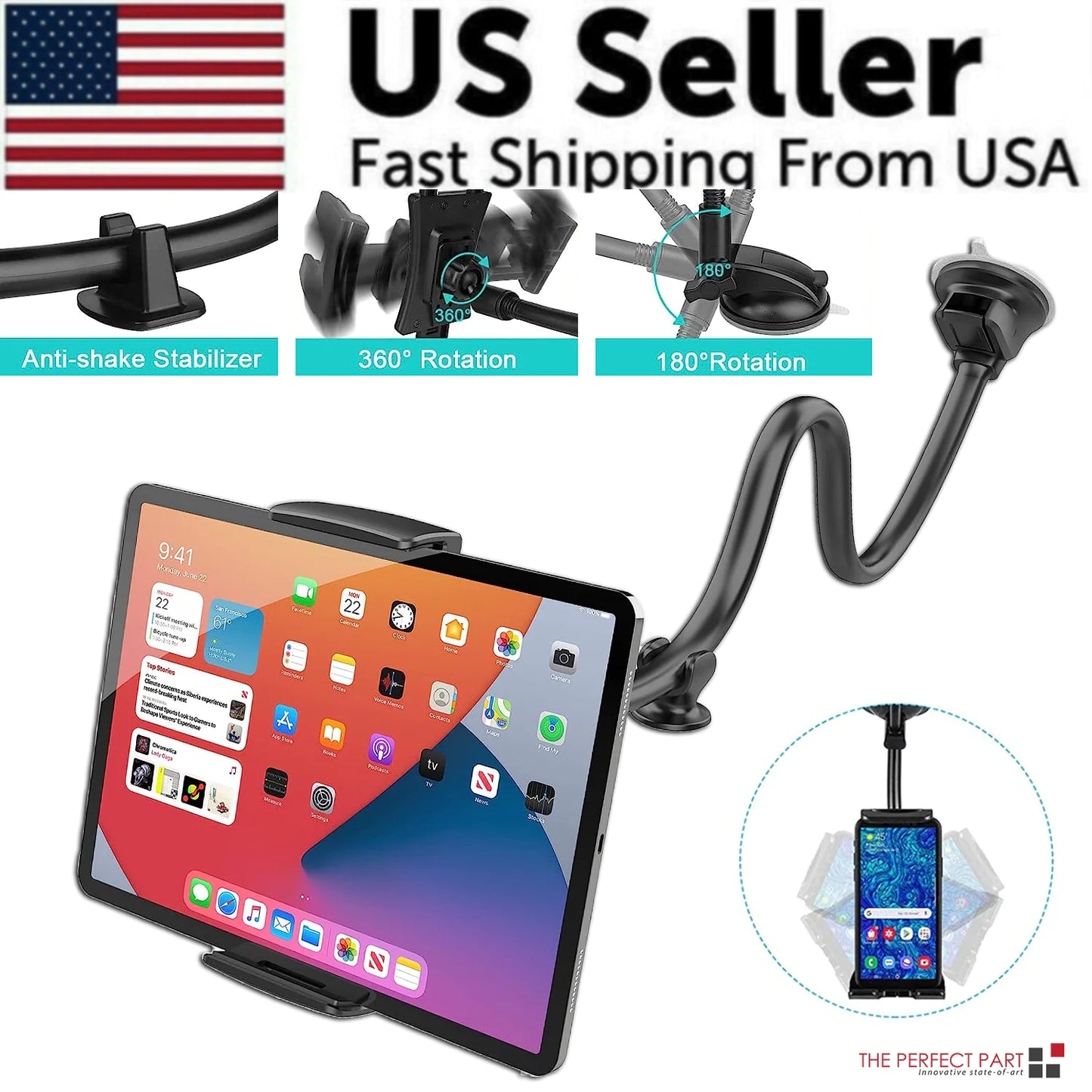 Support de pare-brise de voiture universel à 360° Support de bureau pour téléphone portable Tablette iPad GPS