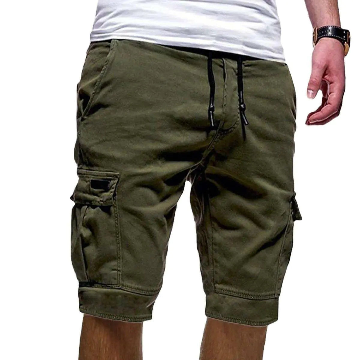 Hommes Casual Chino Cargo Shorts Taille élastique Cordon de serrage 6 poches Pantalon d'été
