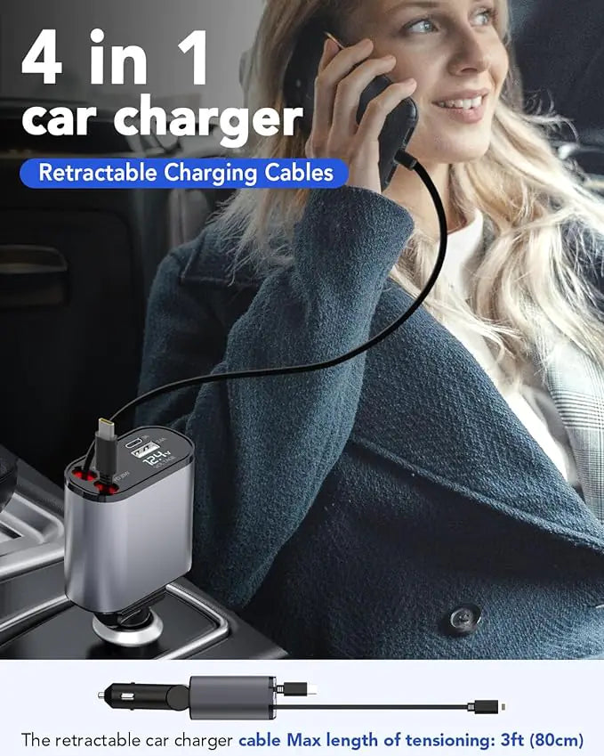 TIKTOK SHOP Chargeur de voiture rétractable, chargeur de téléphone de voiture rapide 4 en 1 66 W, câbles rétractables et chargeur de voiture USB, compatible avec iPhone 15/14/13/12/11, Galaxy, Pixel