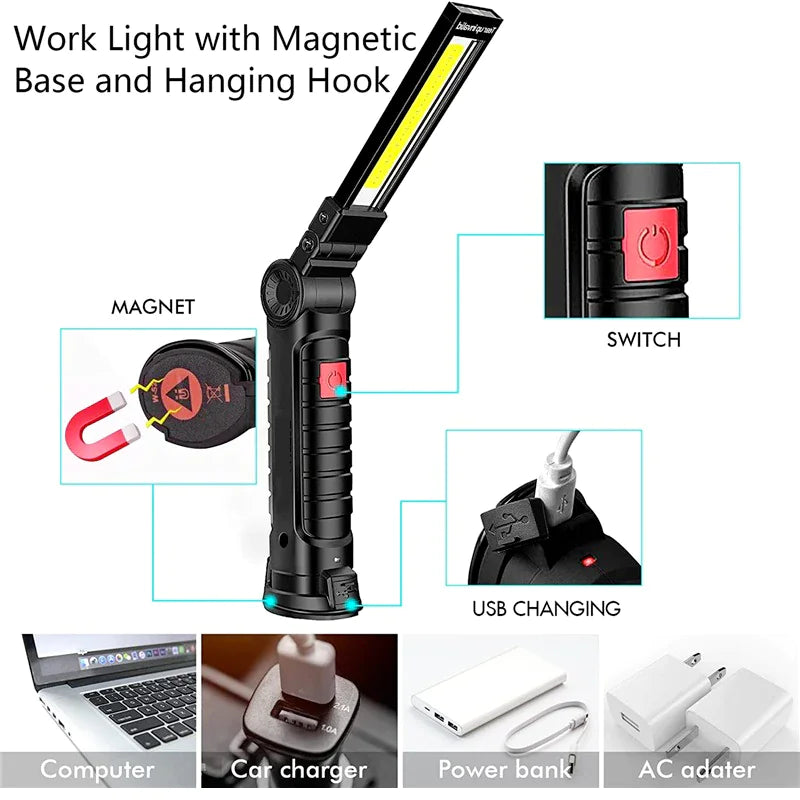 Rechargeable LED COB Lampe de travail Lampe de poche mécanique Base magnétique lumineuse