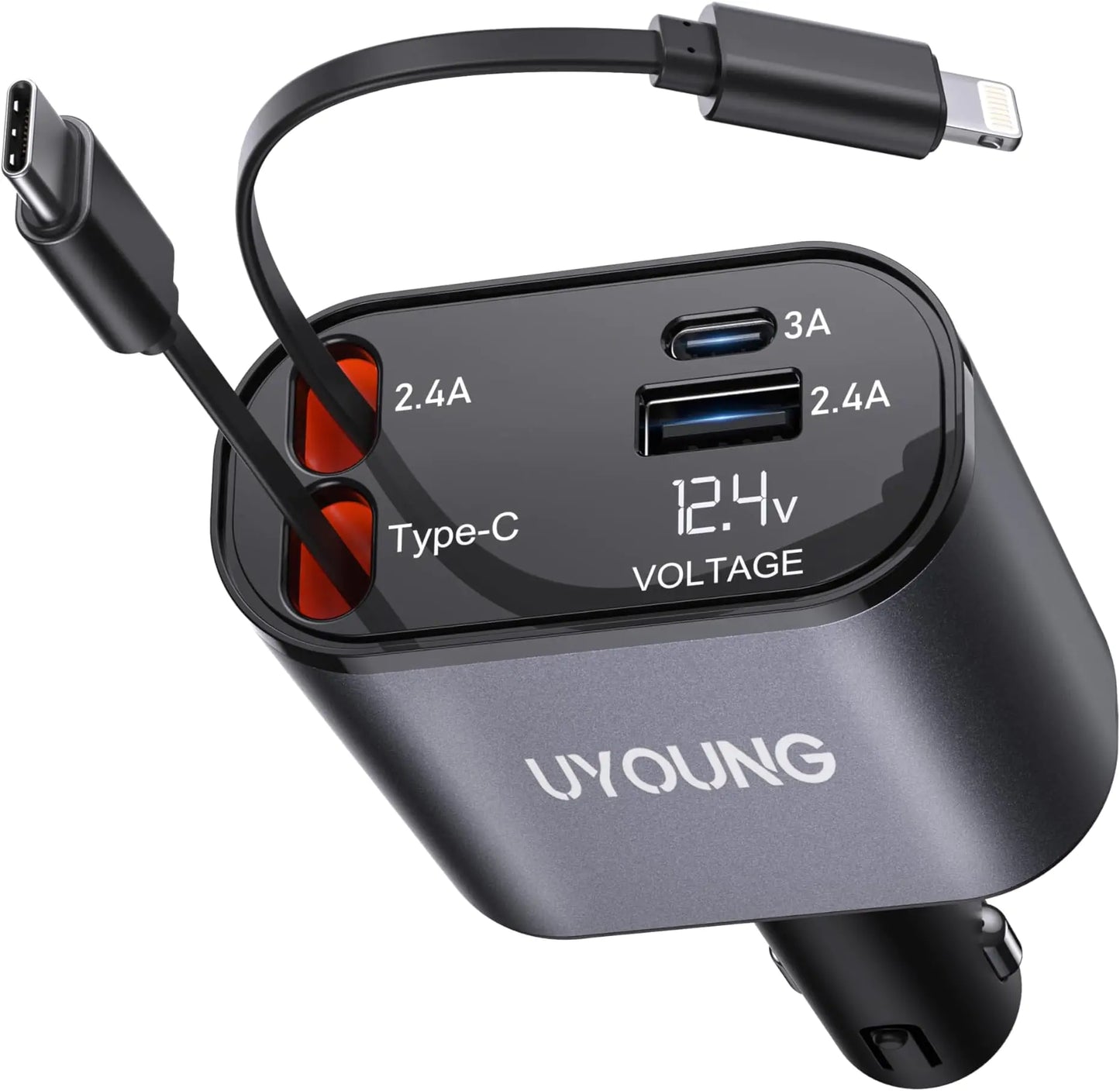 TIKTOK SHOP Chargeur de voiture rétractable, chargeur de téléphone de voiture rapide 4 en 1 66 W, câbles rétractables et chargeur de voiture USB, compatible avec iPhone 15/14/13/12/11, Galaxy, Pixel