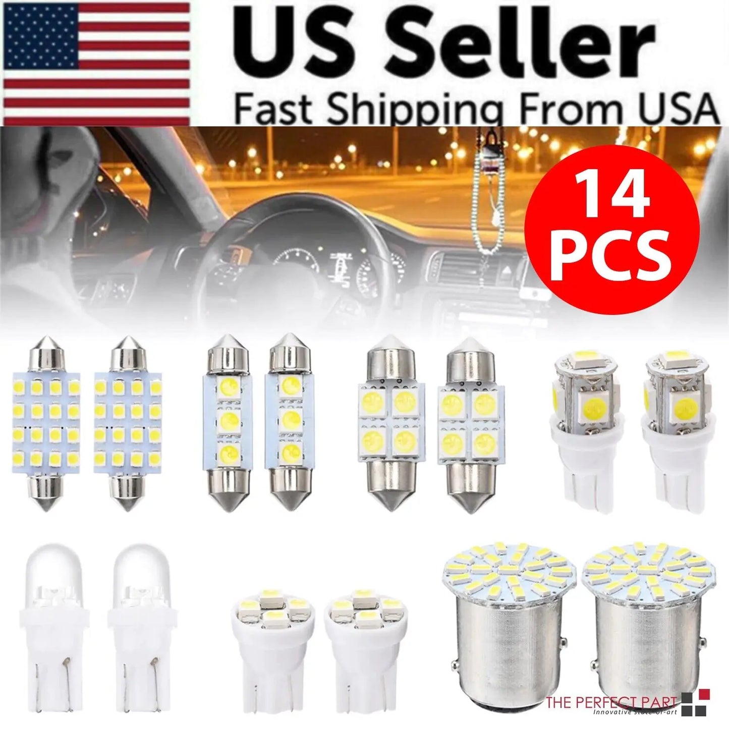 14Pcs T10 36mm LED Intérieur Accessoires de voiture Kit Carte Dôme Plaque d'immatriculation Lumières