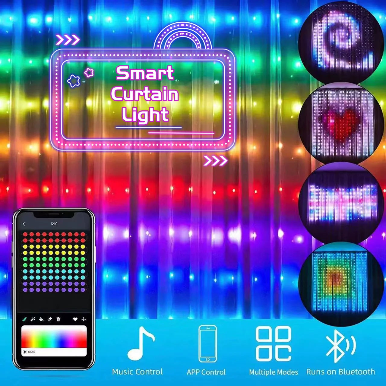 LED Bluetooth Smart RGB Curtain Lights - DIY Fairy Light Garland pour les fêtes, les mariages et la décoration de Noël
