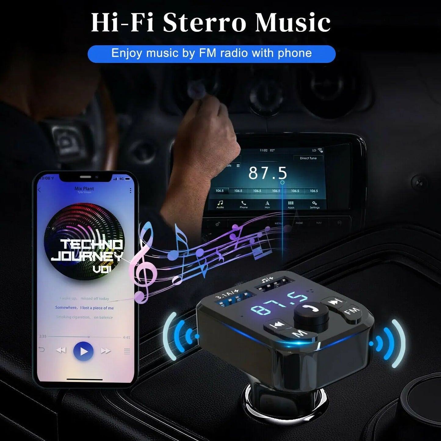 Transmetteur FM Bluetooth pour voiture sans fil Adaptateur de chargeur USB audio MP3 mains libres