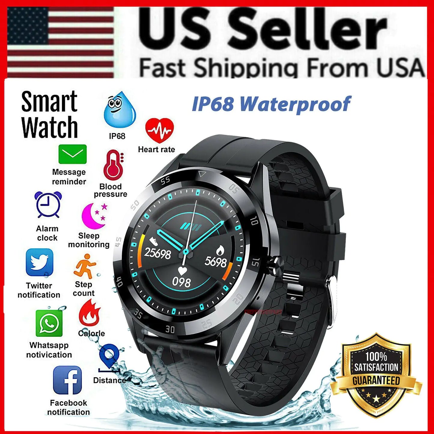 Waterproof Bluetooth Smart Watch Phone Mate Heart Rate Tracker Pour iOS Android