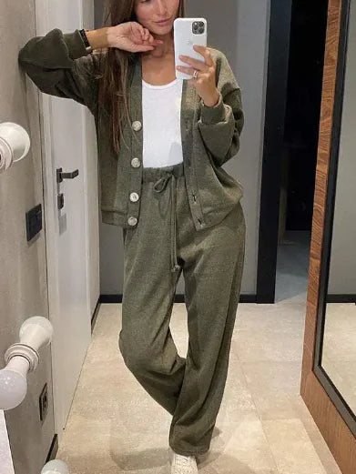 Élégance de l'automne : Ensemble veste et pantalons de sport en coton tricoté pour femmes