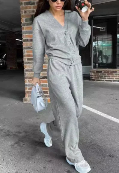 Élégance de l'automne : Ensemble veste et pantalons de sport en coton tricoté pour femmes
