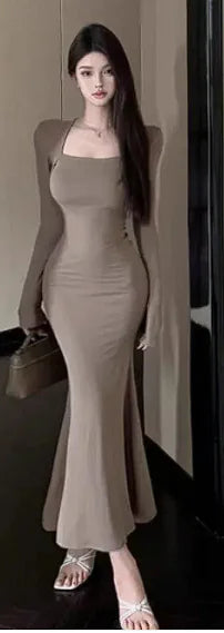 Robe à col carré en queue de poisson en queue de hanche amincissante pour femmes