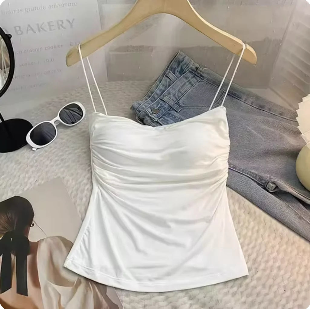 Chic et élégant : Débardeur camisole ajusté sans manches de style coréen pour femme en blanc classique