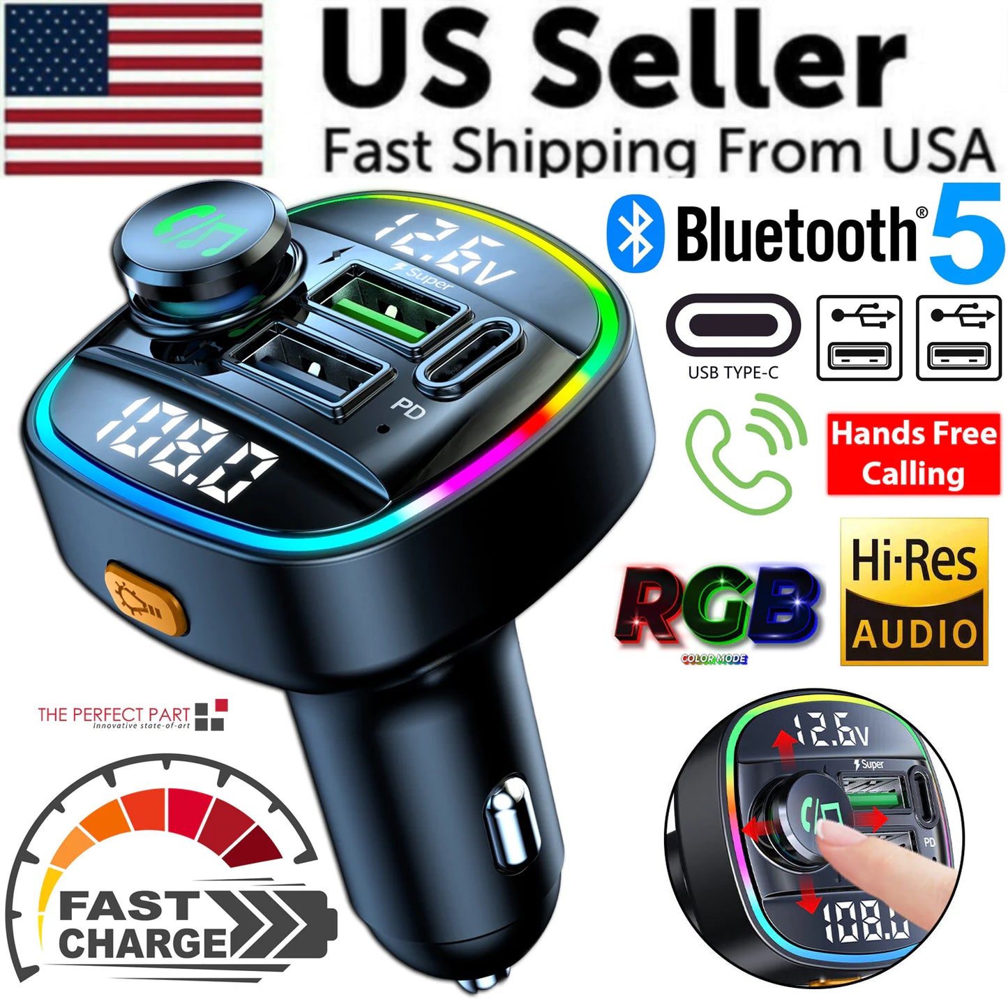 Bluetooth 5.0 Adaptateur d'émetteur FM sans fil de voiture Chargeur USB PD AUX Mains libres
