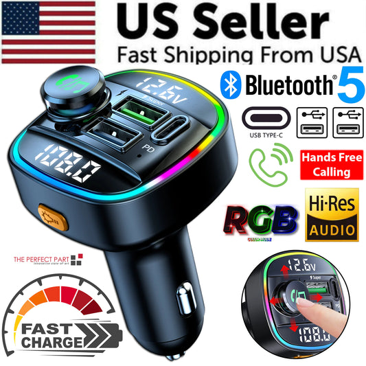 Bluetooth 5.0 Adaptateur d'émetteur FM sans fil de voiture Chargeur USB PD AUX Mains libres