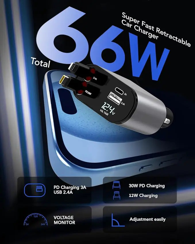TIKTOK SHOP Chargeur de voiture rétractable, chargeur de téléphone de voiture rapide 4 en 1 66 W, câbles rétractables et chargeur de voiture USB, compatible avec iPhone 15/14/13/12/11, Galaxy, Pixel