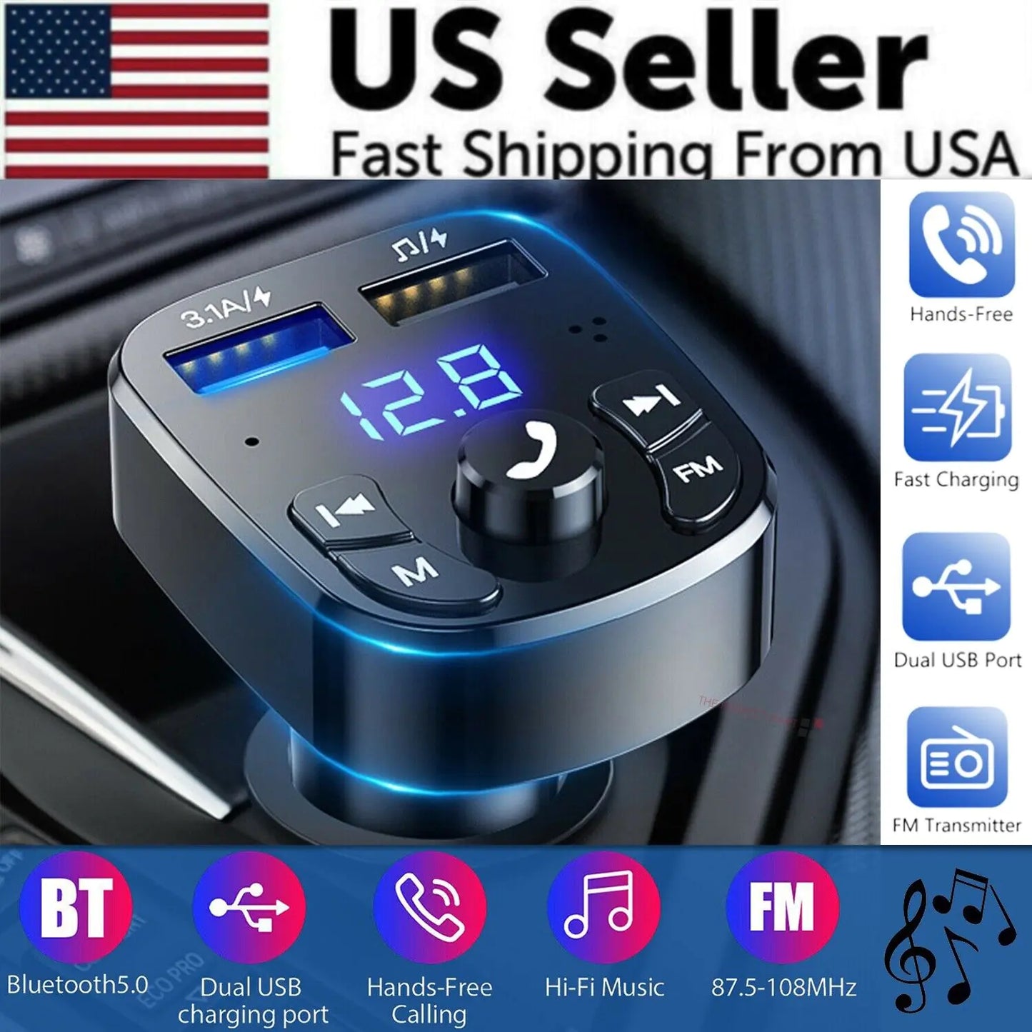 Transmetteur FM Bluetooth pour voiture sans fil Adaptateur de chargeur USB audio MP3 mains libres
