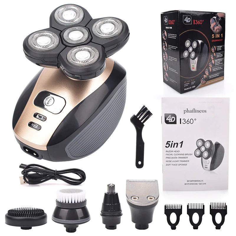 Rasoir électrique rotatif 5-en-1 4D Rechargeable Tête chauve Cheveux Tondeuse à barbe Rasoir