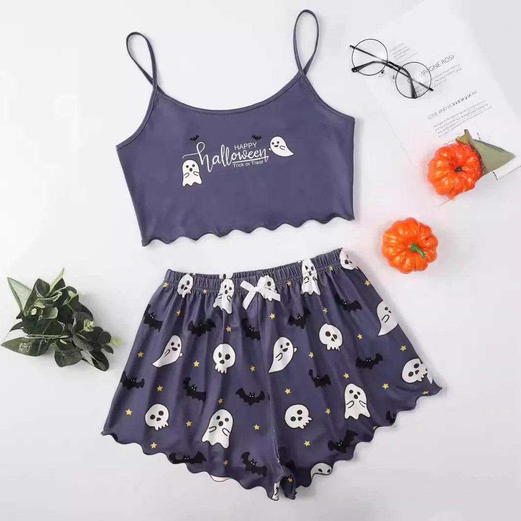 Spooktacular Comfort : Ensemble de pyjama deux pièces en fibre de polyester sur le thème d'Halloween pour femmes