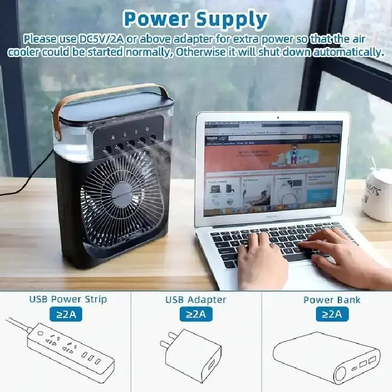 Ventilateur électrique USB 3-en-1 portable avec veilleuse à LED et humidificateur de brouillard d'eau