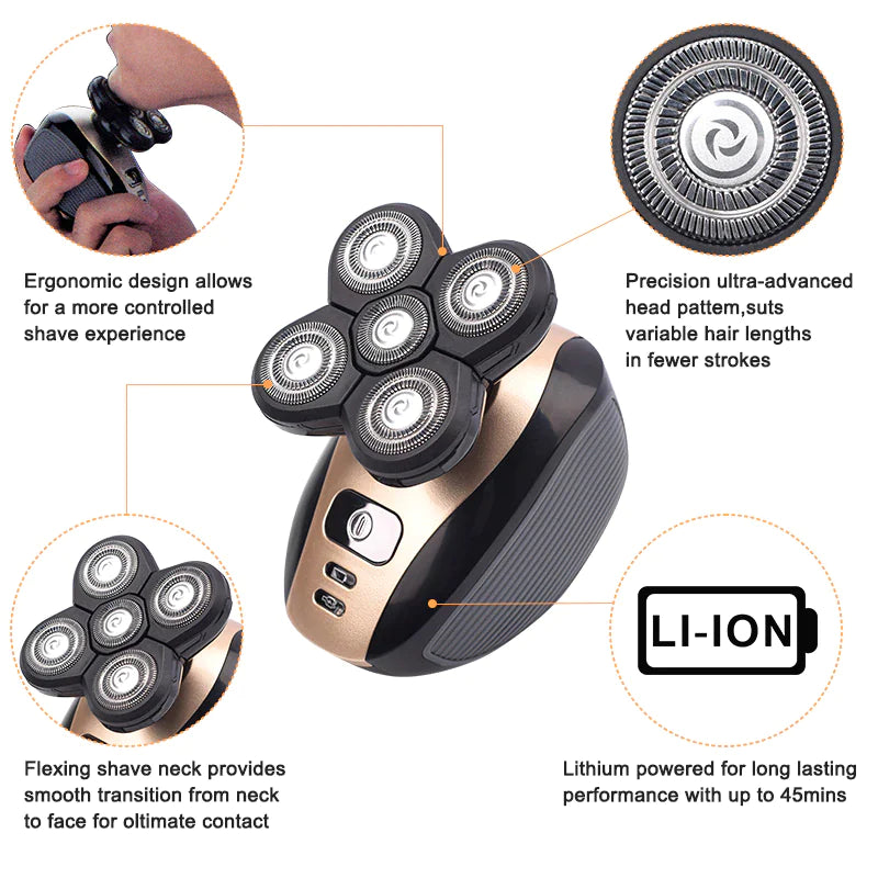 Rasoir électrique rotatif 5-en-1 4D Rechargeable Tête chauve Cheveux Tondeuse à barbe Rasoir