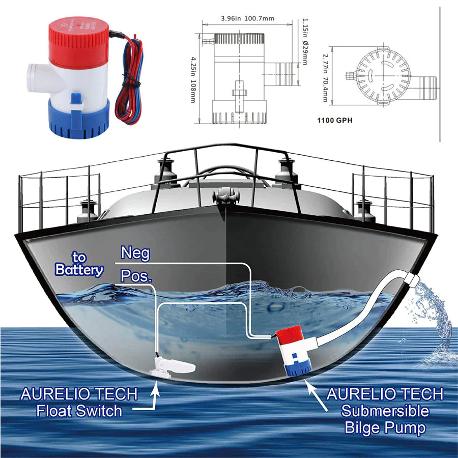 1100GPH 12V Pompe à eau de puisard de cille submersible marine électrique pour tuyau de bateau 3/4"