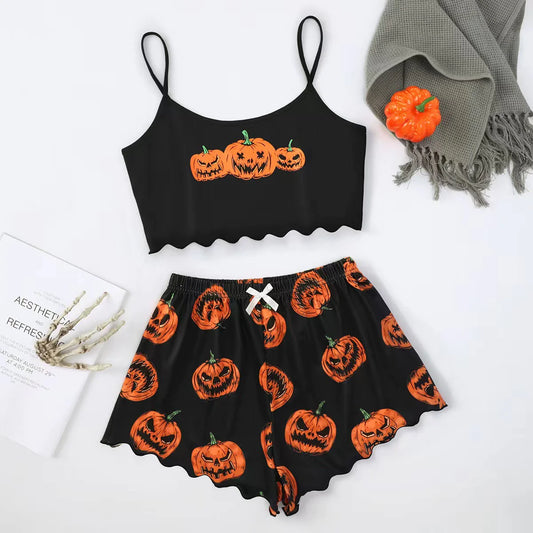Spooktacular Comfort : Ensemble de pyjama deux pièces en fibre de polyester sur le thème d'Halloween pour femmes
