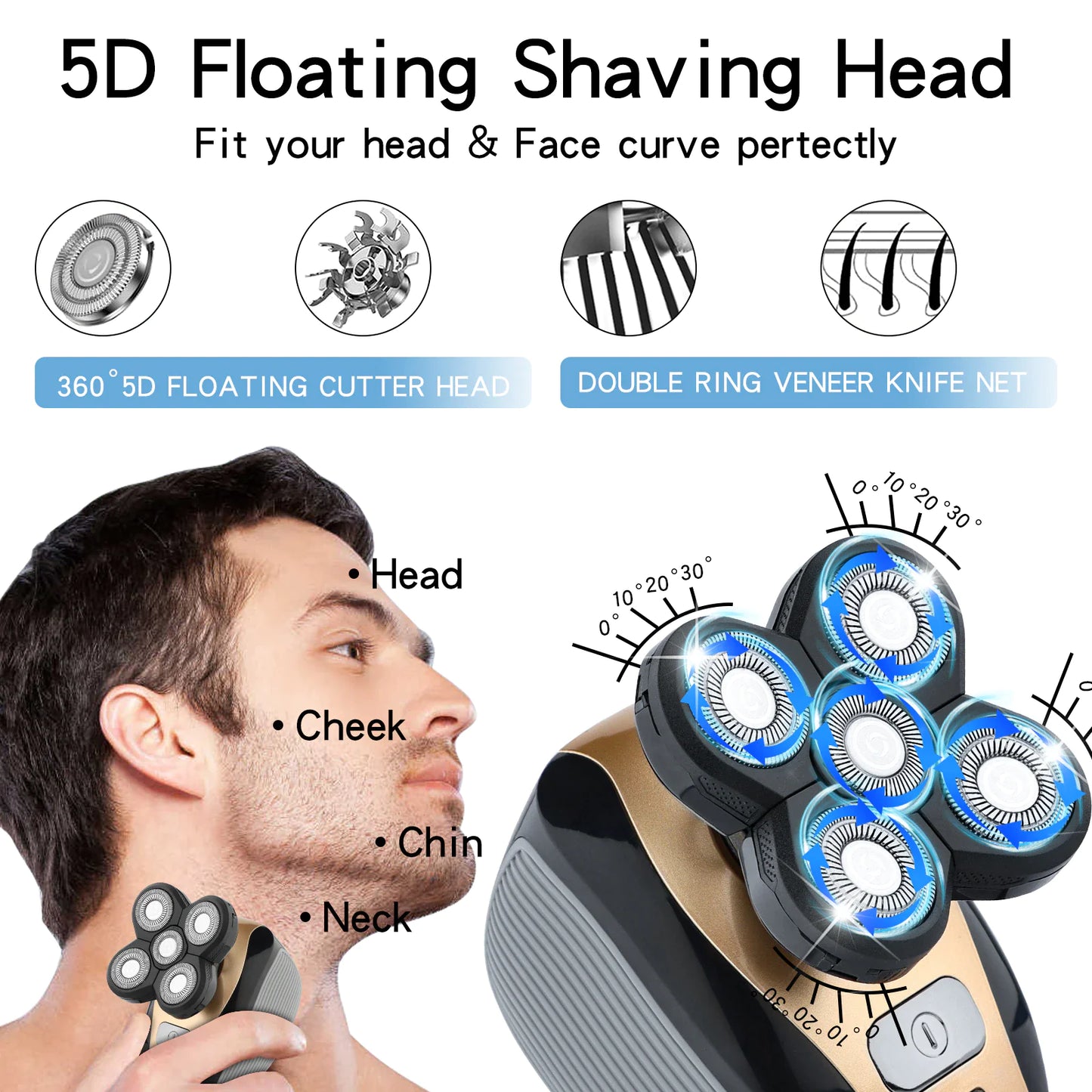 Rasoir électrique rotatif 5-en-1 4D Rechargeable Tête chauve Cheveux Tondeuse à barbe Rasoir