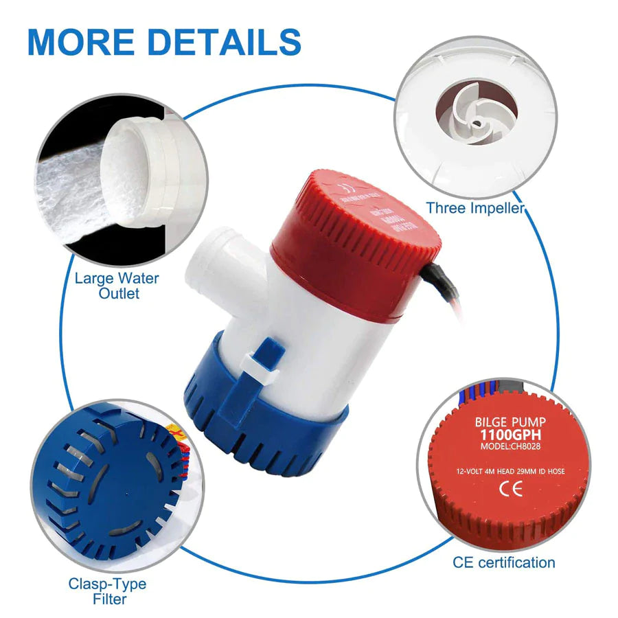 1100GPH 12V Pompe à eau de puisard de cille submersible marine électrique pour tuyau de bateau 3/4"