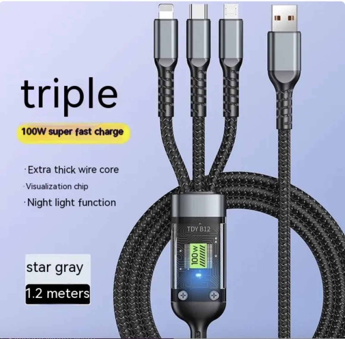 Câble de données de téléphone portable 3-en-1 avec charge légère et super rapide de 6A