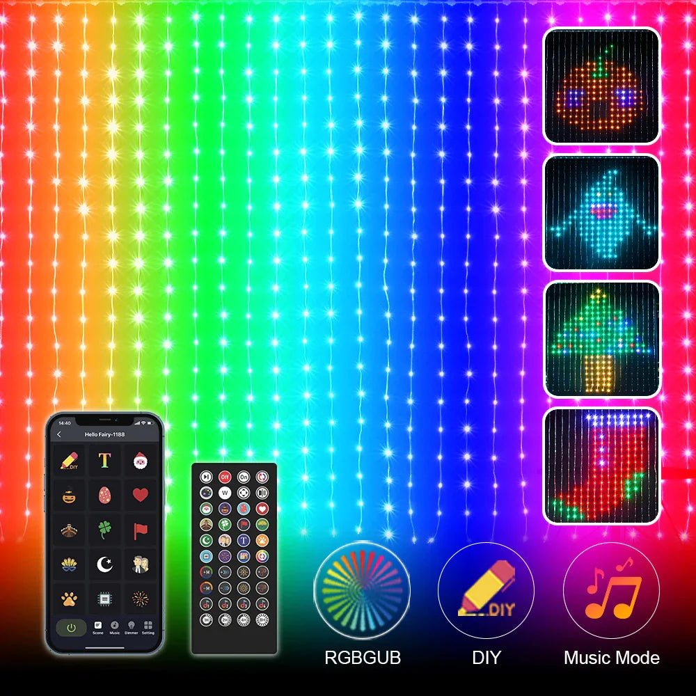 LED Bluetooth Smart RGB Curtain Lights - DIY Fairy Light Garland pour les fêtes, les mariages et la décoration de Noël