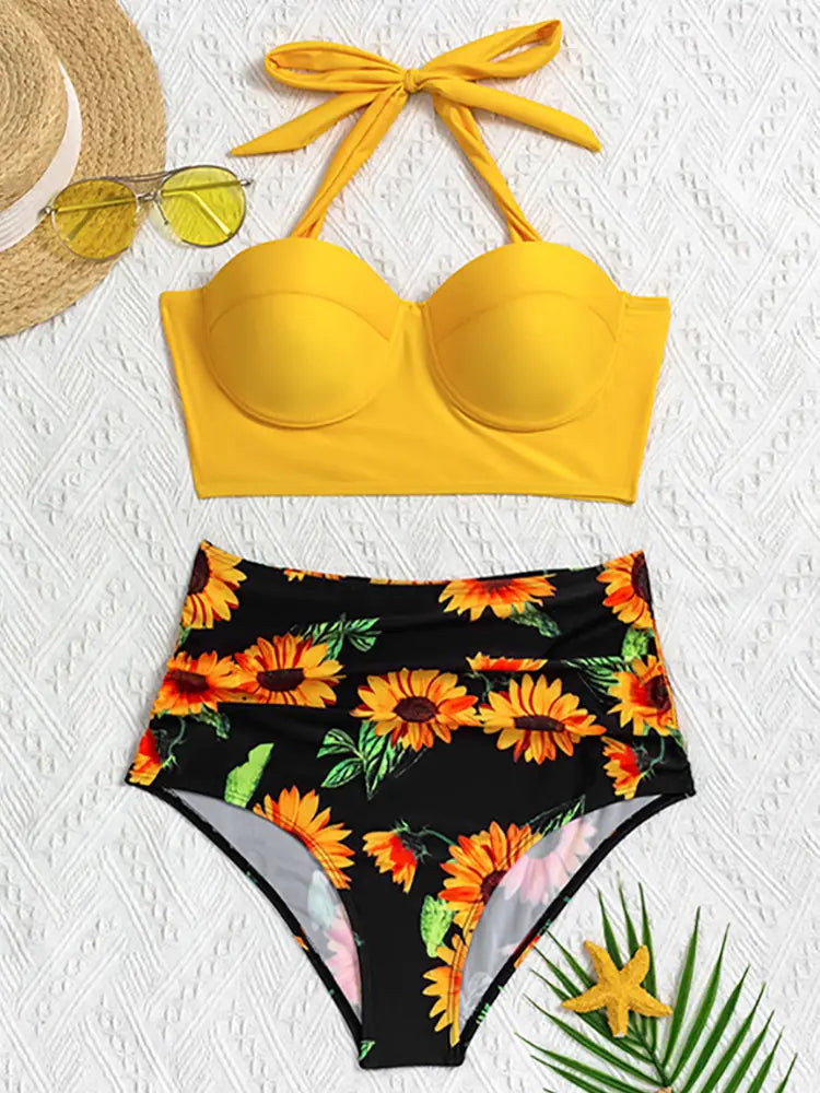 Ensemble de bikini taille haute à fleurs
