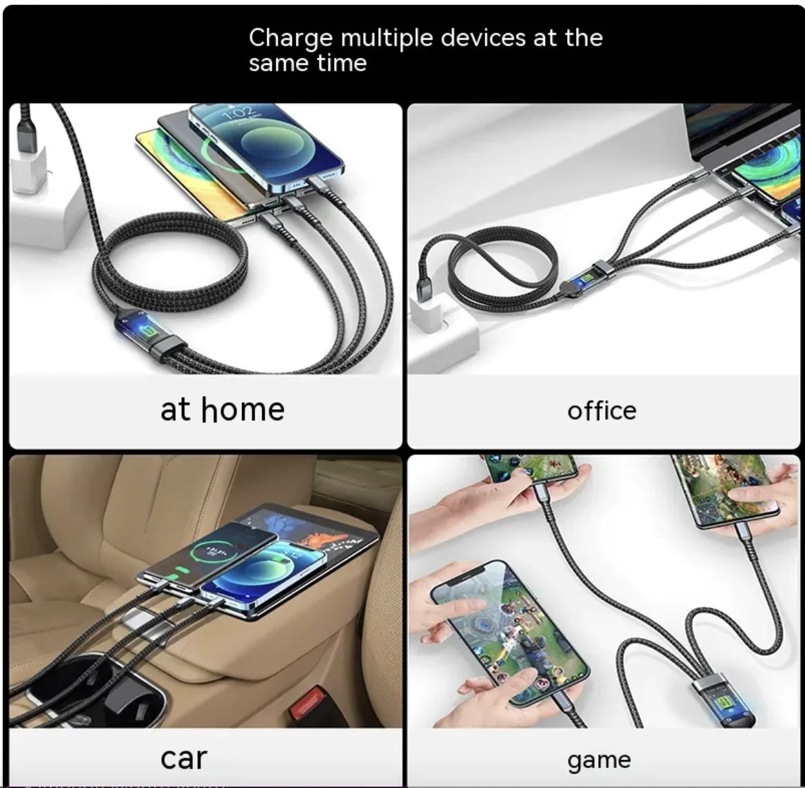 Câble de données de téléphone portable 3-en-1 avec charge légère et super rapide de 6A
