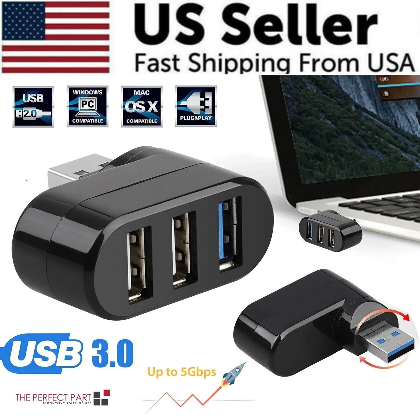 Adaptateur pour ordinateur portable haute vitesse 3 ports USB 3.0 Multi HUB Splitter Expansion Desktop PC