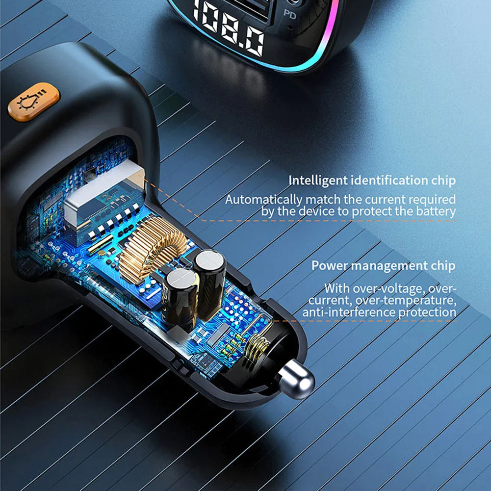 Bluetooth 5.0 Adaptateur d'émetteur FM sans fil de voiture Chargeur USB PD AUX Mains libres