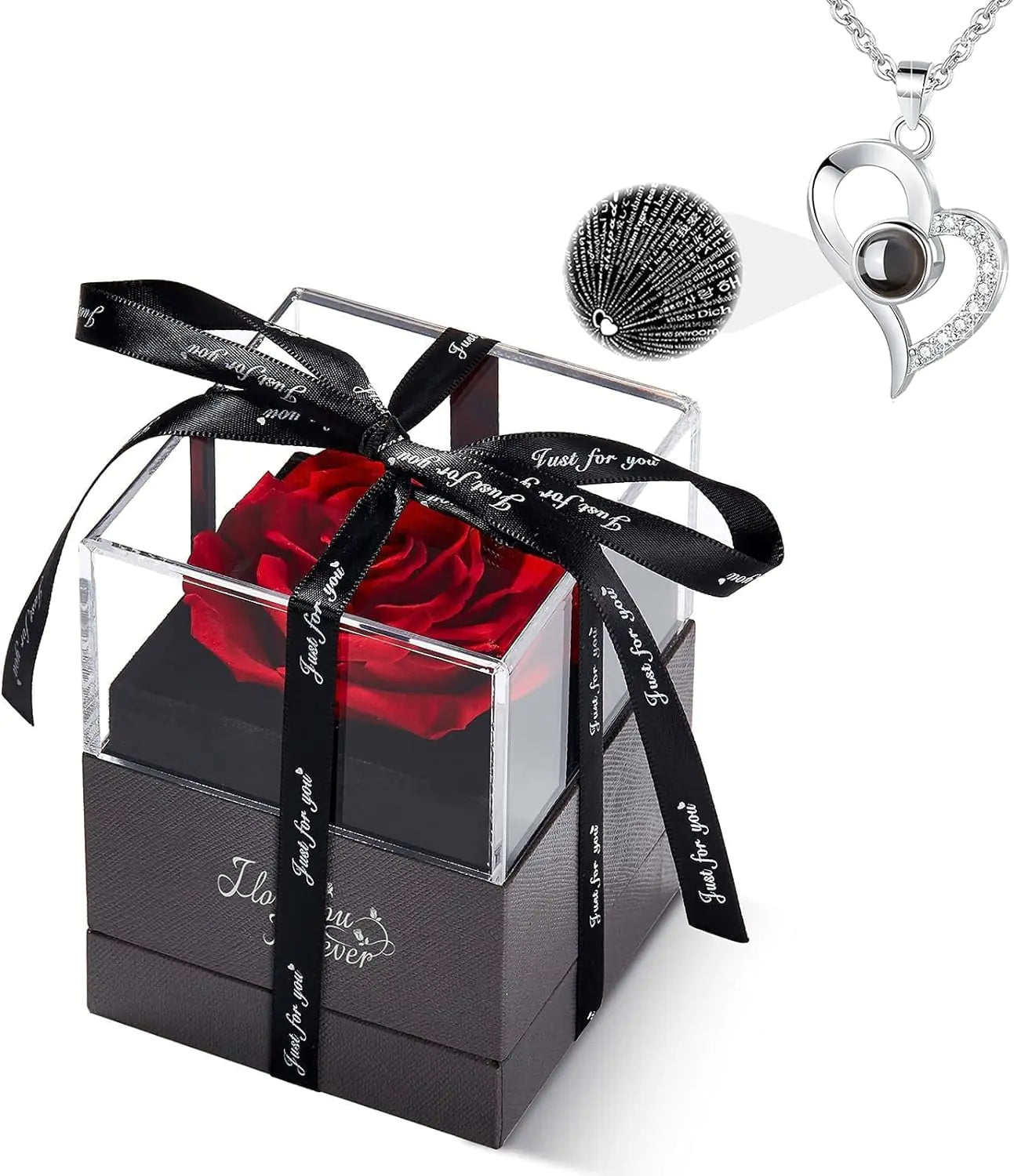 WILDLOVE Preserved Real Rose with I Love You Necklace, Cadeaux de Noël pour femmes, maman, grand-mère, femme et petite amie, anniversaire de la Saint-Valentin Idées de cadeaux pour la fête des mères pour elle