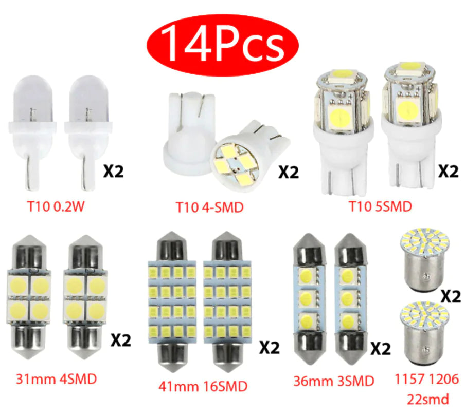 14Pcs T10 36mm LED Intérieur Accessoires de voiture Kit Carte Dôme Plaque d'immatriculation Lumières