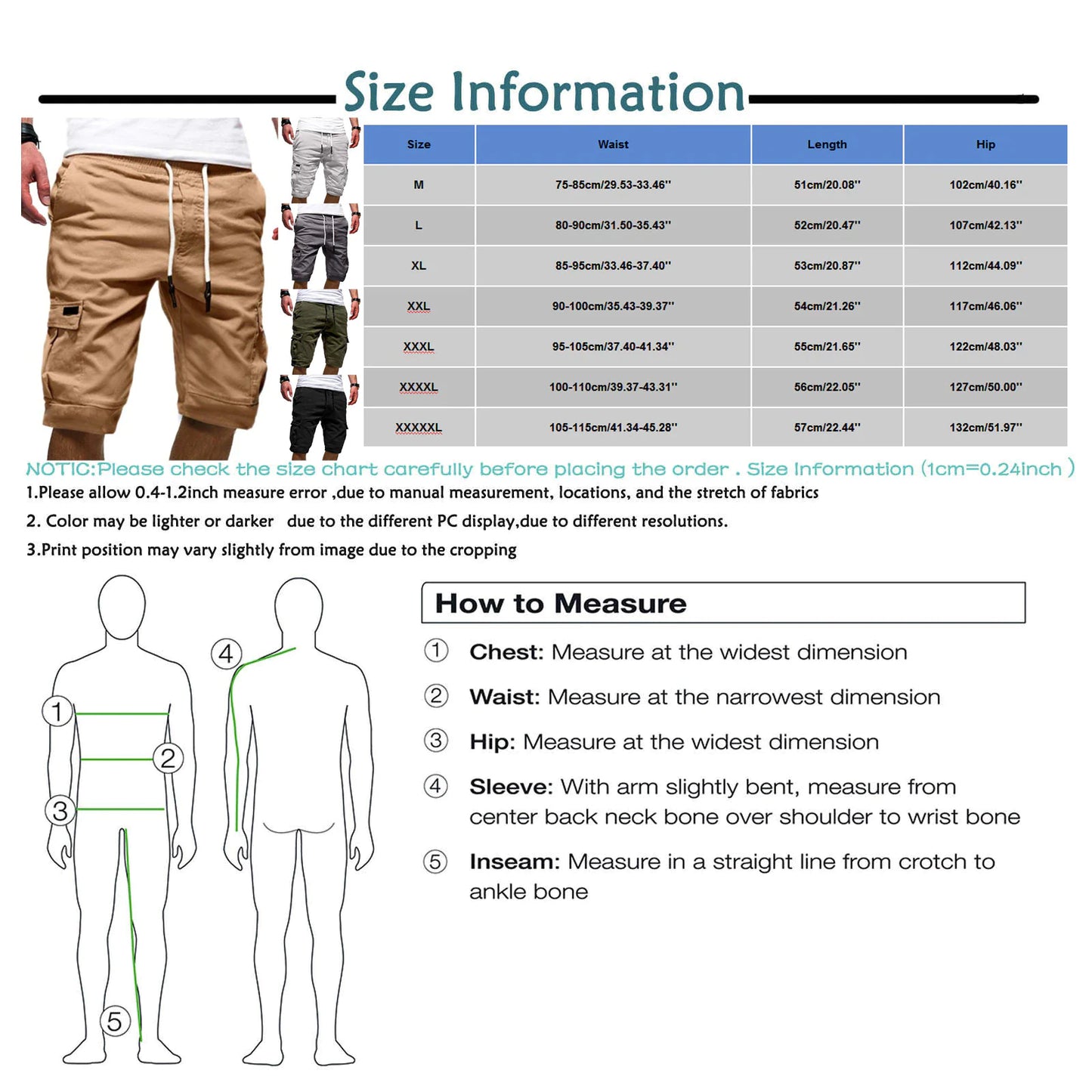 Hommes Casual Chino Cargo Shorts Taille élastique Cordon de serrage 6 poches Pantalon d'été
