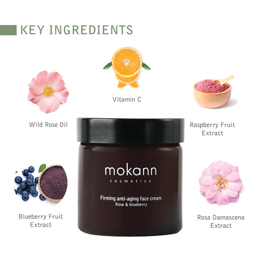 Crème raffermissante pour le visage anti-âge Rose et Blueberry. Nourrir, hydrater et effacer profondément la peau. Enrichi en antioxydants et en mélange d'huiles nourrissantes.